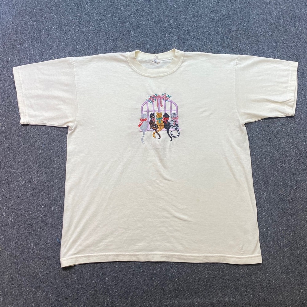 Wons Embroidered Cats TShirt Sz XL Womens Cream Cottagecore Grandma Chic USA